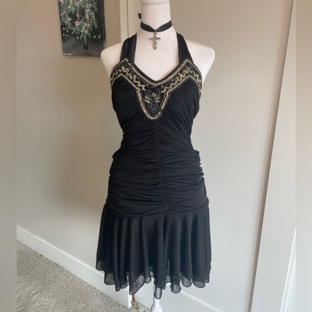 vintage y2k speechless halter style cocktail dress with sequin detailing